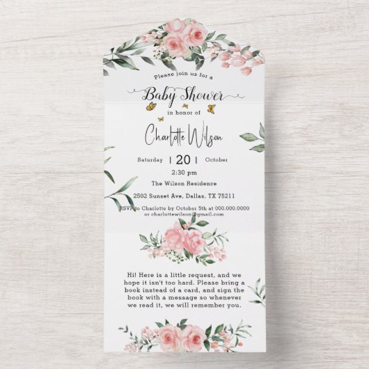 Elegant rosa Rosen mit Schmetterlinge Babydusche All In One Einladung (Innen)