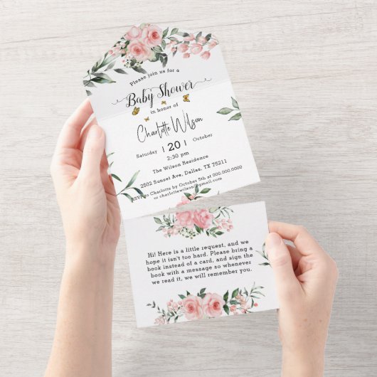 Elegant rosa Rosen mit Schmetterlinge Babydusche All In One Einladung (Abreißtisch)
