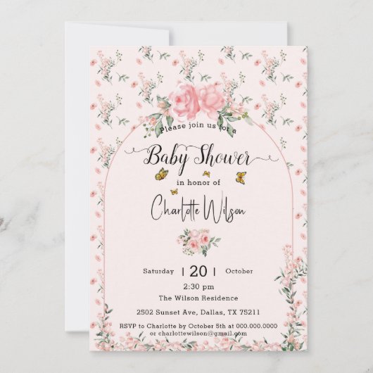 Elegant rosa Rosen mit Schmetterlinge Babydusche Einladung (Vorderseite)