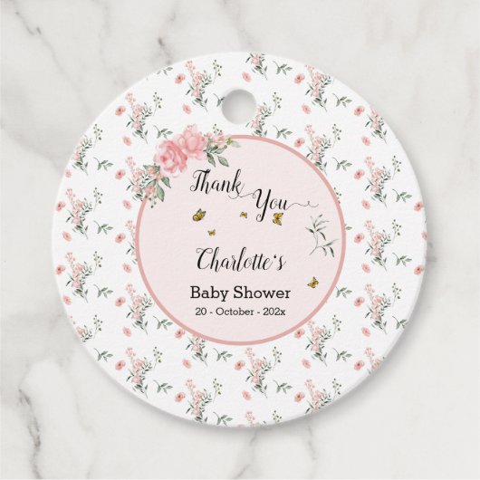 Elegant rosa Rosen mit Schmetterlinge Babydusche Geschenkanhänger (Vorderseite)