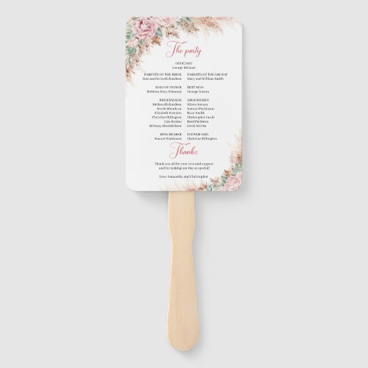 Elegant rosa Rosen Pampas Gras und Grün Fächer (Rückseite)