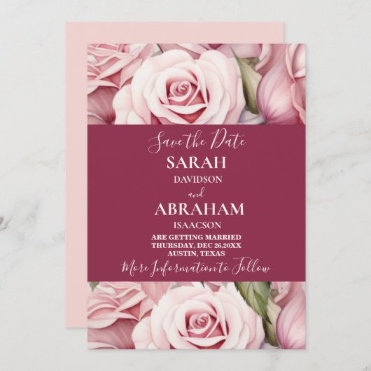 Elegant Rosa Roses Save the Date Einladung (Vorne/Hinten)