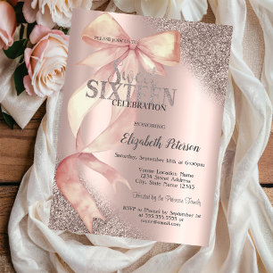 Elegant rosa Schleife Glitter Roségold Sweet 16 Einladung