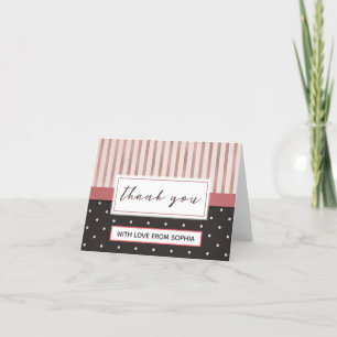 Elegant rosa schwarze Streifen Polka Punkte Vielen Dankeskarte