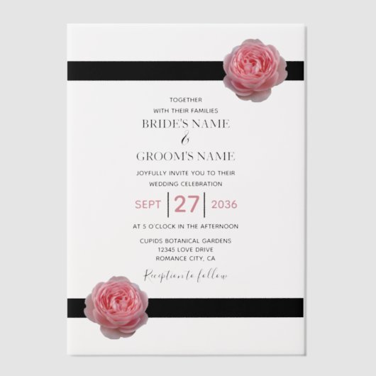 Elegant Rosa Schwarzes Band Einladungen für Hochze (Vorderseite)