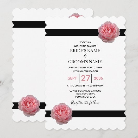 Elegant Rosa Schwarzes Band Einladungen für Hochze (Vorne/Hinten)