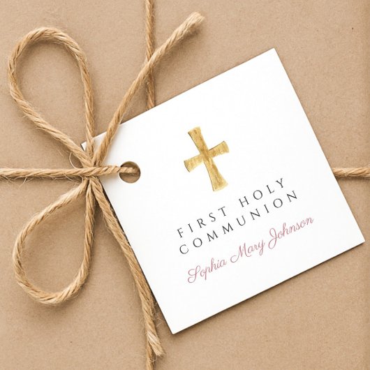 Elegant Rosa Script Cross First Communation Geschenkanhänger
