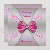 Elegant rosa Silberner Diamant Bow Quinceanera Einladung (Vorne/Hinten)