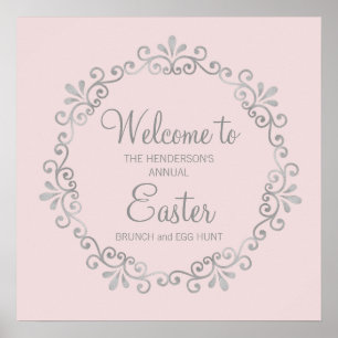 Elegant Rosa Silberner Ostern Brunch Ei Hunt Poster