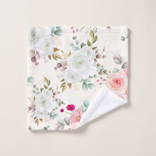 Elegant Rosa, weiße Blumen Badhandtuch Set (Waschlappen)