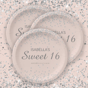 Elegant rosafarbenes Silber-Glitter Sweet 16 Name Pappteller