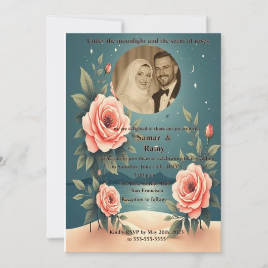 Elegant Rose Floral Starry Night Photo Muslim Wedd Einladung (Vorderseite)