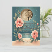 Elegant Rose Floral Starry Night Photo Muslim Wedd Einladung (Stehend Vorderseite)