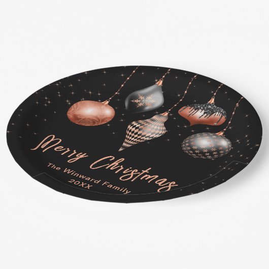 Elegant Rose Gold and Black Ornament Christmas Pappteller (Schrägansicht)