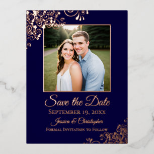 Elegant Rose Gold auf Navy Foto Save-the-Date Folie Einladungspostkarte