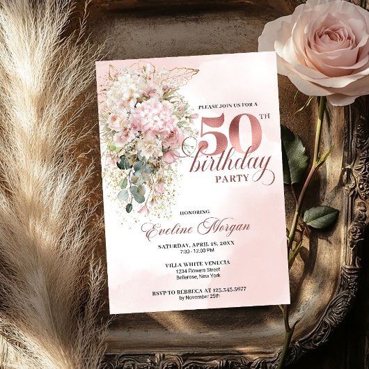 Elegant Rose Gold Blush Floral 50th Birthday Party Einladung