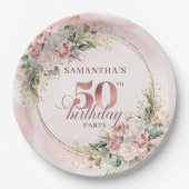 Elegant Rose Gold Blush Floral 50th Birthday Party Pappteller (Vorderseite)