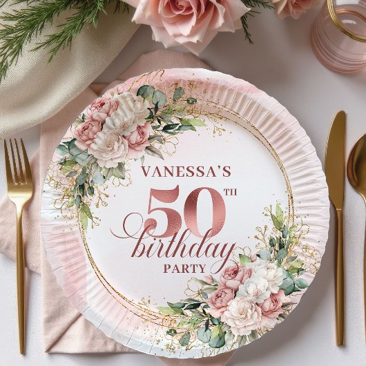 Elegant Rose Gold Blush Floral 50th Birthday Party Pappteller