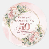 Elegant Rose Gold Blush Floral 50th Birthday Party Runder Aufkleber (Vorderseite)