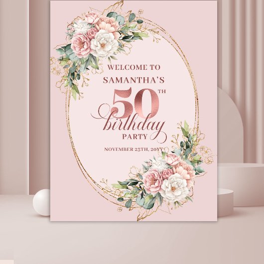 Elegant Rose Gold Blush Floral 50th Birthday Wandteppich