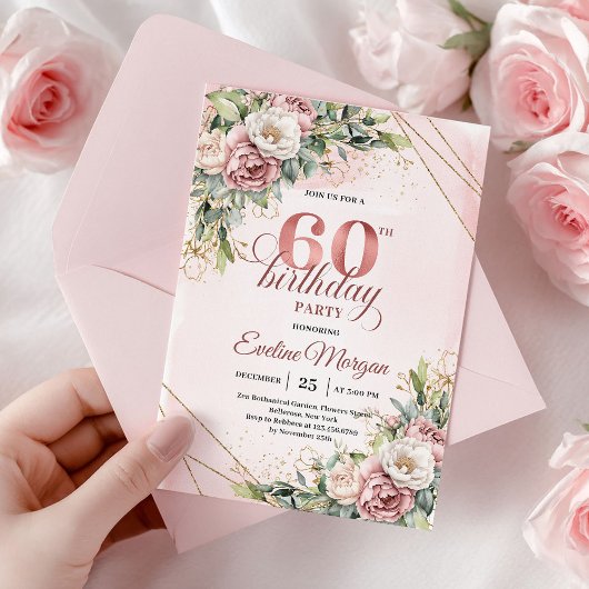 Elegant Rose Gold Boho Floral 60th Birthday Invitw Einladung