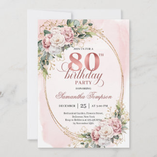 Elegant Rose Gold Floral Eucalyptus 80th Birthday Einladung
