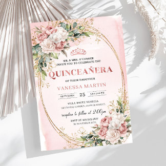 Elegant Rose Gold Floral Eucalyptus Quinceañera   Einladung