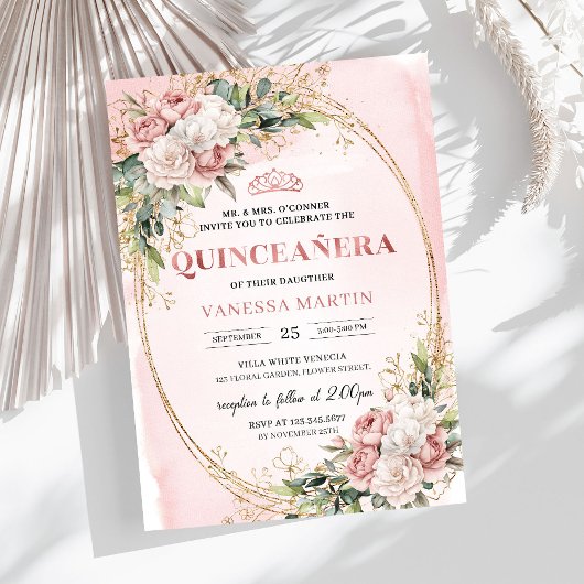Elegant Rose Gold Floral Eucalyptus Quinceañera Einladung