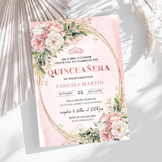 Elegant Rose Gold Floral Eucalyptus Quinceañera  Einladung