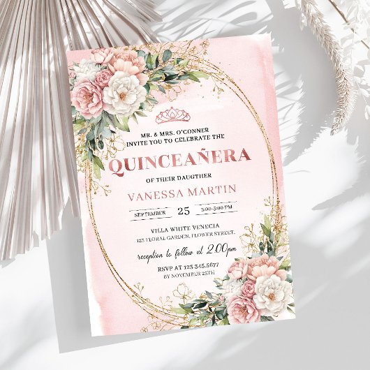 Elegant Rose Gold Floral Eucalyptus Quinceañera Einladung