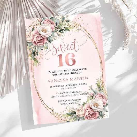 Elegant Rose Gold Floral Eucalyptus Sweet 16 Invit Einladung