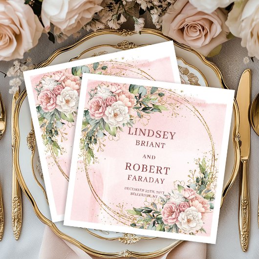 Elegant Rose Gold Floral Wedding Paper Napkins Serviette