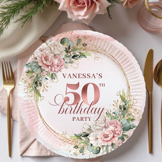 Elegant Rose Gold Glitter 50th Birthday Floral   Pappteller