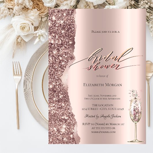 Elegant Rose Gold Glitter Script Champagne Einladung