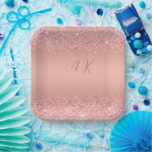 Elegant Rose Gold Luxe Shimmer Monogram Pappteller (Party)