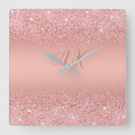 Elegant Rose Gold Luxe Shimmer Monogram  Quadratische Wanduhr