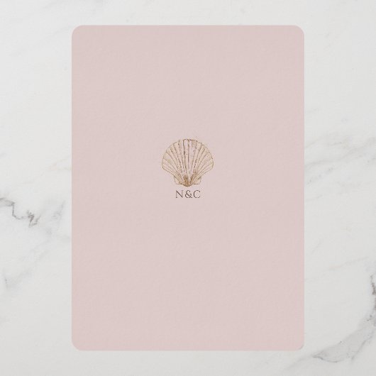 Elegant Rose Gold Seashell Wedding Folieneinladung (Rückseite)