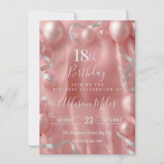 Elegant Rose Gold & Silver Balloon 18th Birthday Einladung (Vorderseite)