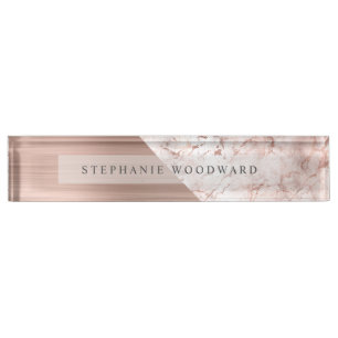 Elegant Roségold gebürstetes Metall rosa Marmor Namensplakette