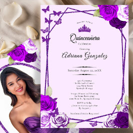 Elegant Roses and Crown Purple Quinceanera  Einladung