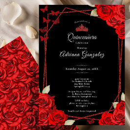 Elegant Roses and Crown Red Quinceanera  Einladung