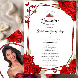 Elegant Roses and Crown Red Quinceanera  Einladung