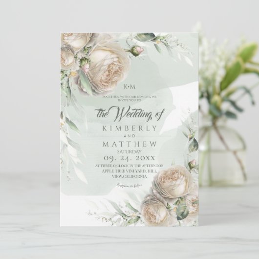 Elegant Roses and Watercolor Sage Rustic Wedding Einladung (Stehend Vorderseite)