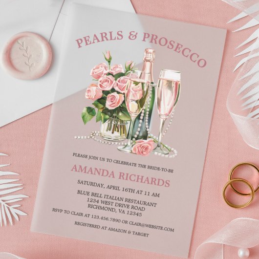 Elegant Roses, Pearls and Prosecco Bridal Shower Acryleinladungen