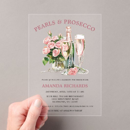 Elegant Roses, Pearls and Prosecco Bridal Shower Acryleinladungen (Insitu (Handheld))