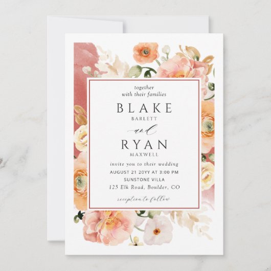 Elegant, Rost Orange Blush Peach Botanische Hochze Einladung (Vorderseite)