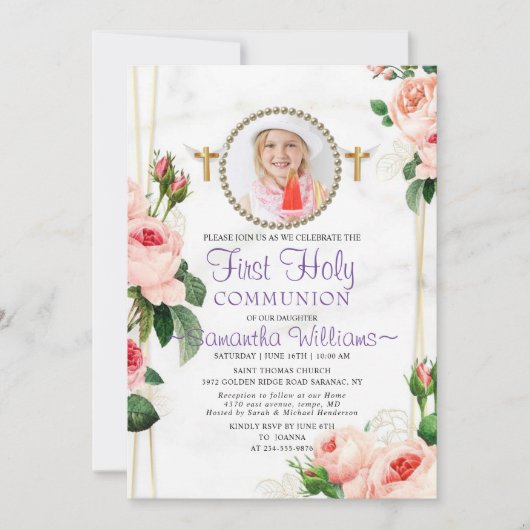 Elegant Rosy Blush Floral First Communation Einladung (Vorderseite)