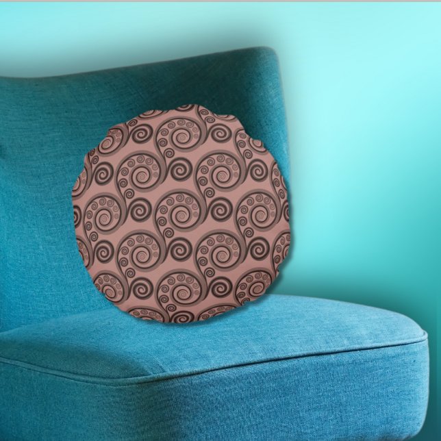 Elegant Rosy-Brown Fern Leaf Round Pillow Rundes Kissen (Rosy Brown Curl Pattern)