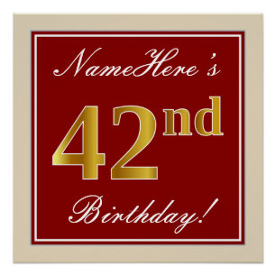 Elegant, Rot, Falsches Gold 42. Geburtstag; Benutz Poster