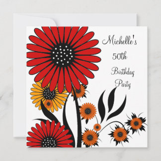 Elegant Rot Gelb Blütenweiß 50. Geburtstag Einladung